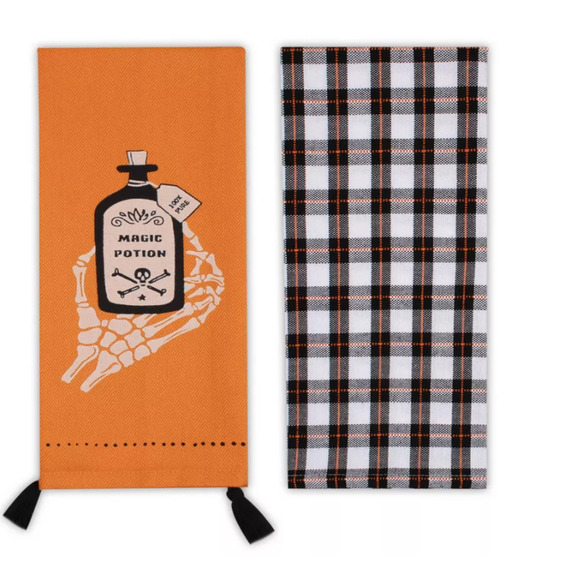 Halloween Kitchen Towel Set – Magic Potion Skeleton Hand & Plaid Dish Towels - Picture 3 of 3